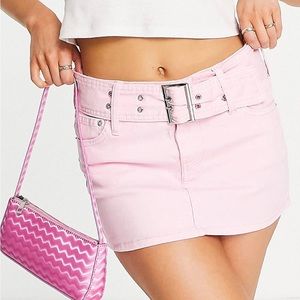 Bershka 90s buckle detail micro mini skirt in baby pink